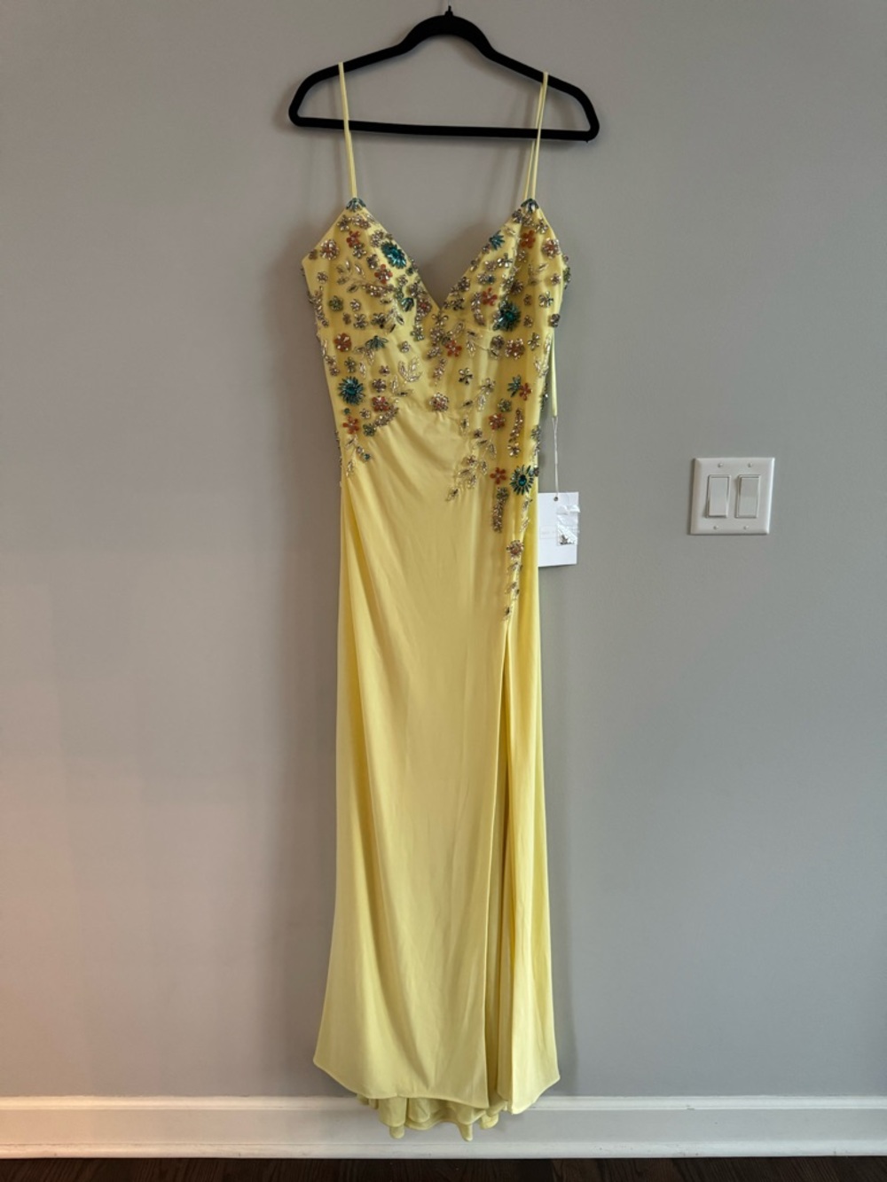 Mac Duggal multi color sleeveless beaded floral cami gown in buttercup